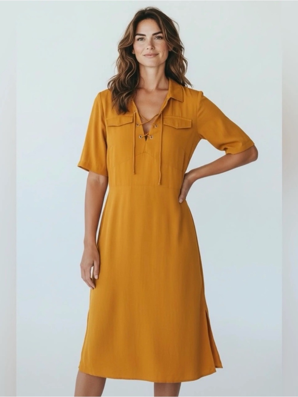 NWT. asos. Lace Front Viscose Mustard Short Sleeve Midi Dress. Size 10.